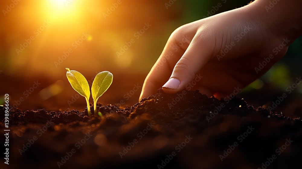 Gentle fingers planting young leaves in soil as the warm glow of sunset enhances the moment : Generative AI