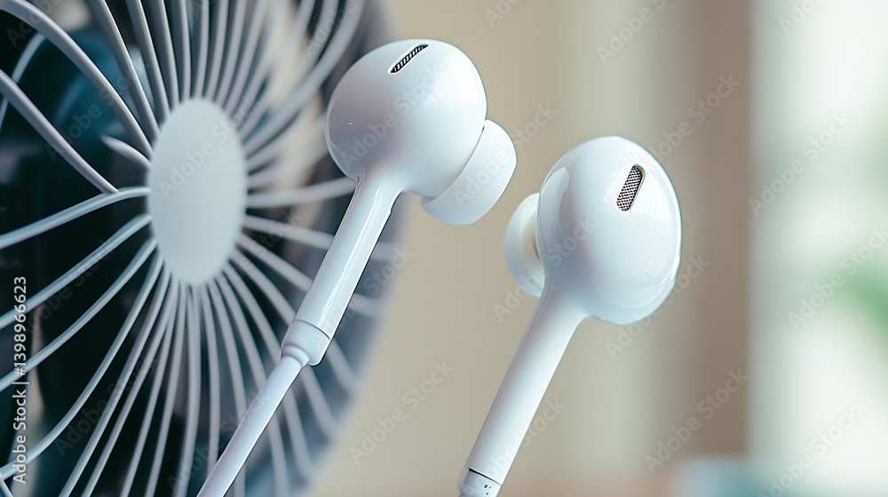 Trendy white earphones positioned near a stylish fan showcasing modern design and premium quality : Generative AI