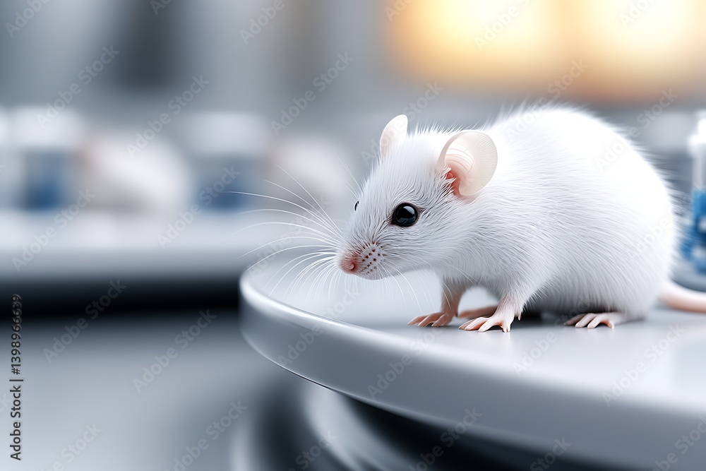 Close up of a white mouse in a laboratory setting exploring its surroundings with scientific equipment : Generative AI