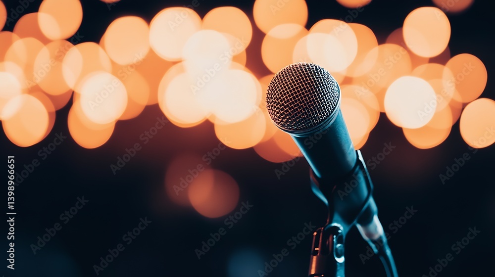 Close Up Image of a Microphone with Bokeh Background for Music and Performance Themes : Generative AI