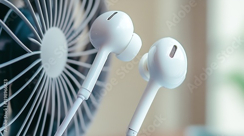 Obraz na płótnie Trendy white earphones positioned near a stylish fan showcasing modern design and premium quality : Generative AI w salonie