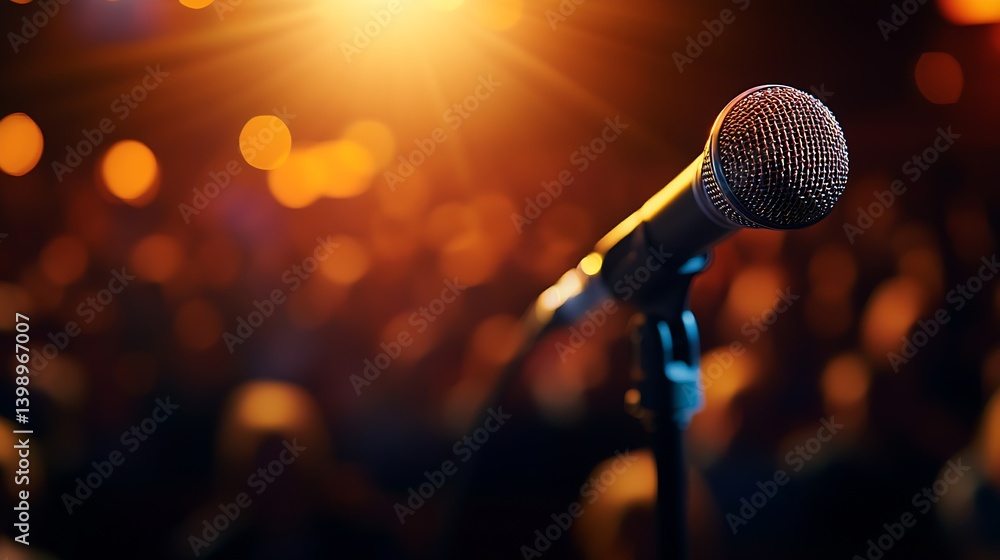 Energizing close up of a microphone highlighting the performance vibe with bright and exciting lighting effects : Generative AI