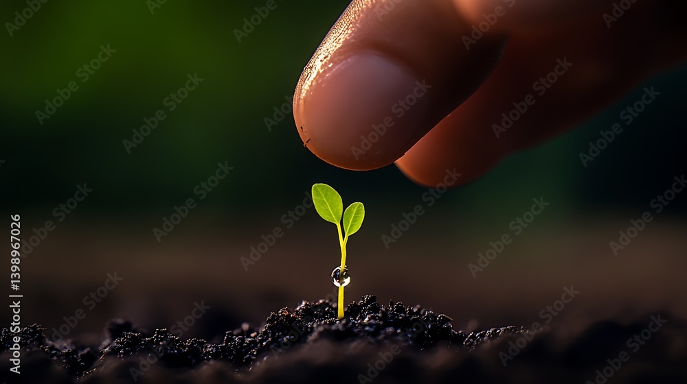 Hand drops water onto a small green seedling growing in dark soil highlighting nurturing nature : Generative AI