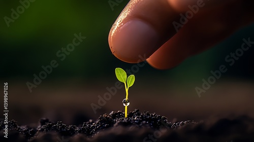 Obraz na płótnie Hand drops water onto a small green seedling growing in dark soil highlighting nurturing nature : Generative AI w salonie