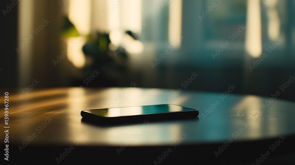 A sleek smartphone resting on a wooden surface with soft lighting capturing a moment of tranquility and simplicity : Generative AI