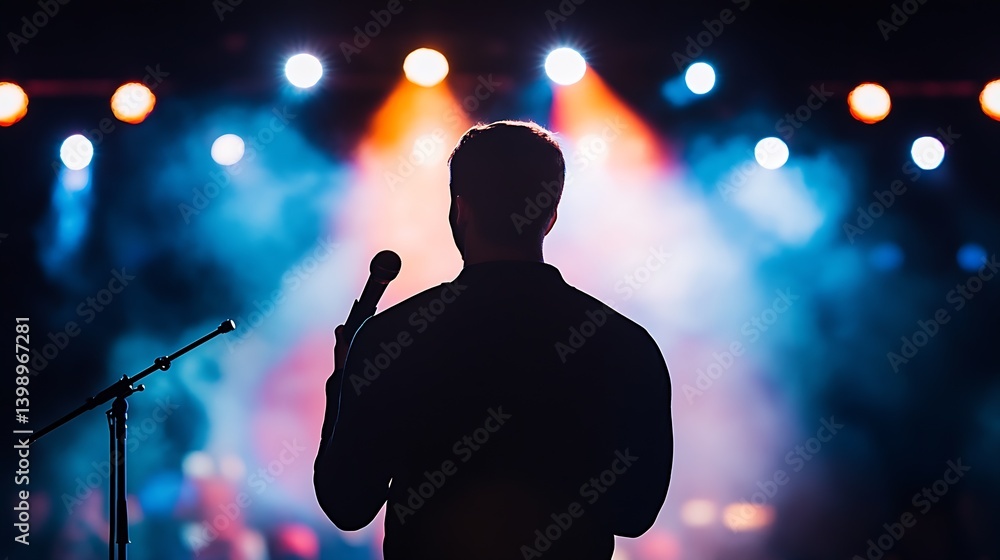 Striking image of a singer's silhouette illuminated by colorful stage lights creating a vivid atmosphere : Generative AI
