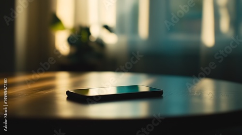 Obraz na płótnie A sleek smartphone resting on a wooden surface with soft lighting capturing a moment of tranquility and simplicity : Generative AI w salonie