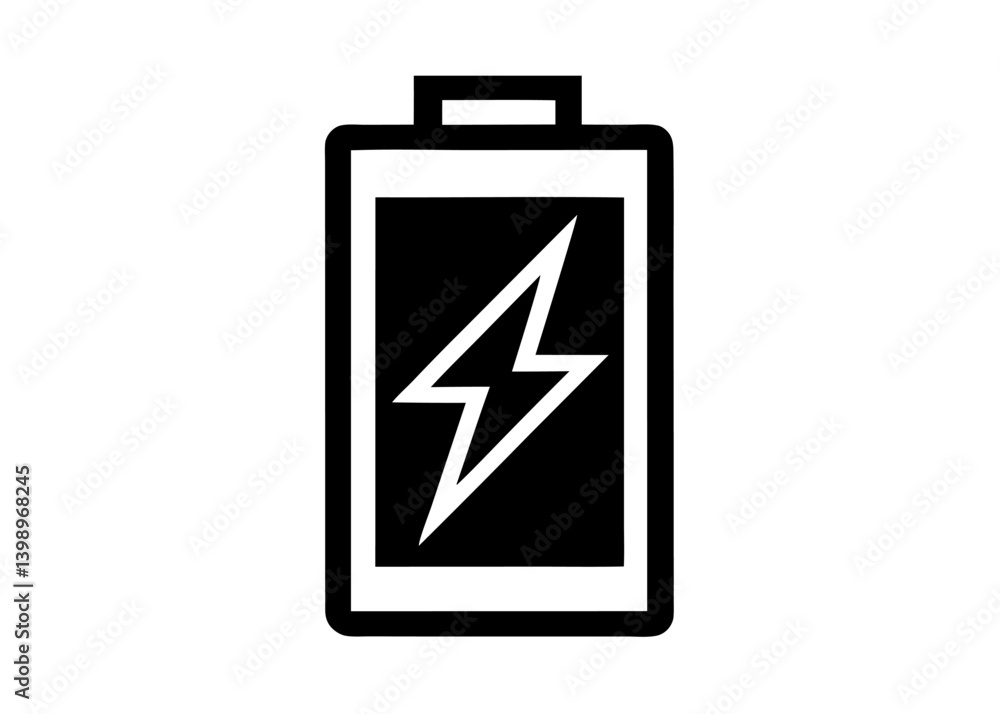 Charged Icon: A stark, minimalist depiction of a fully charged battery, rendered in bold black and white. conveying a sense of power, energy, and readiness. Charged Icon: A stark, minimalist depiction of a fully charged battery, rendered in bold black and white. conveying a sense of power, energy, and readiness.
