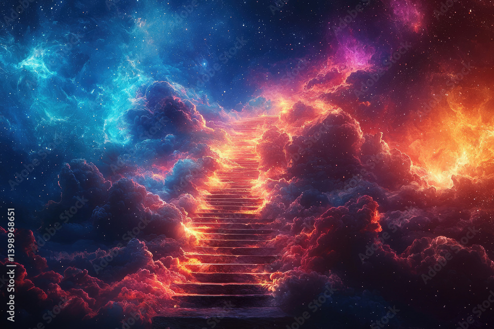 A fiery staircase ascends through vibrant nebula clouds into a starry cosmos, a surreal celestial journey. A fiery staircase ascends through vibrant nebula clouds into a starry cosmos, a surreal celestial journey.