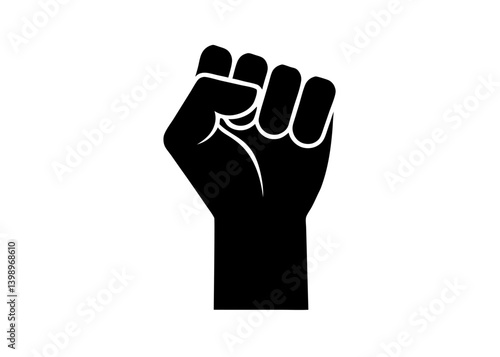 Symbol of Solidarity: A powerful fist, rendered in bold black silhouette, rises in defiance, embodying strength and unity against injustice.