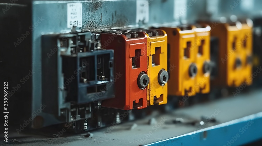 Close-up of assorted circuit breakers arranged neatly on a clean surface Close-up of assorted circuit breakers arranged neatly on a clean surface