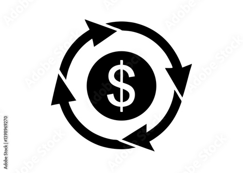 Financial Circulation Symbol: The dynamic icon embodies continuous monetary flow and investment, with a dollar symbol encircled by arrows, representing perpetual cycles of money and wealth creation.