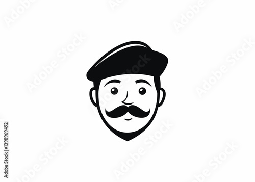 Stylish Portrait: A minimalist illustration features a person with a refined beret, bold mustache, and a neat beard, capturing a vintage look, a timeless style.