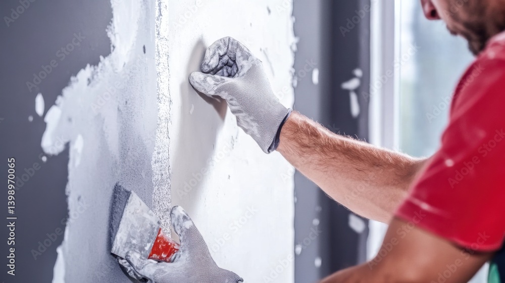 A Hispanic construction worker repairing drywall at a construction site. Featuring skill and precision