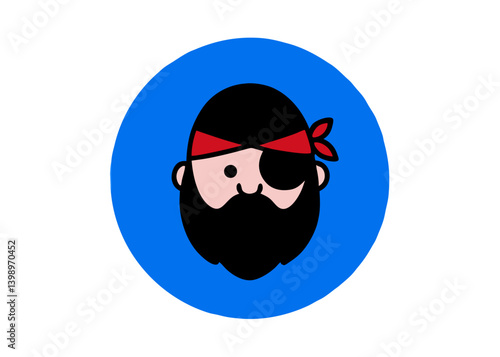 Pirate Illustration: A whimsical cartoon depicting a smiling pirate with a bold red bandana and a distinct eye patch, his dark beard adding to the adventurous charm. Set against a solid blue circle.