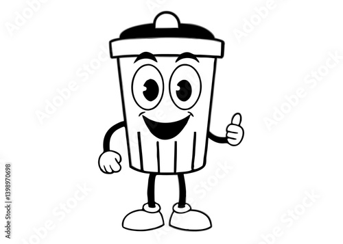 Smiling Trash Can: A whimsical black and white illustration of a smiling trash can with a cheerful expression, giving a thumbs up.