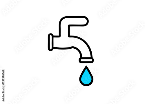 Water Tap Icon: A simple yet striking icon depicting a water tap with a single droplet of water falling, symbolizing concepts of conservation, resources, and essential elements.