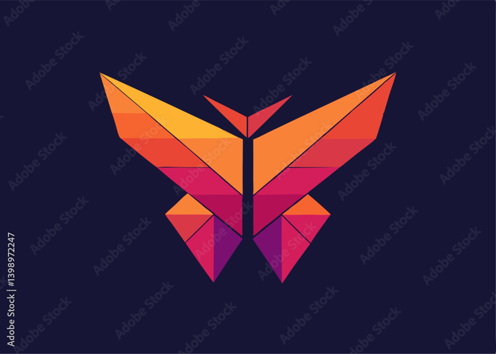 Geometric Butterfly Emblem: A striking geometric butterfly logo in vibrant orange, purple and yellow on a deep navy background, this design exudes a modern, artistic feel. Geometric Butterfly Emblem: A striking geometric butterfly logo in vibrant orange, purple and yellow on a deep navy background, this design exudes a modern, artistic feel.