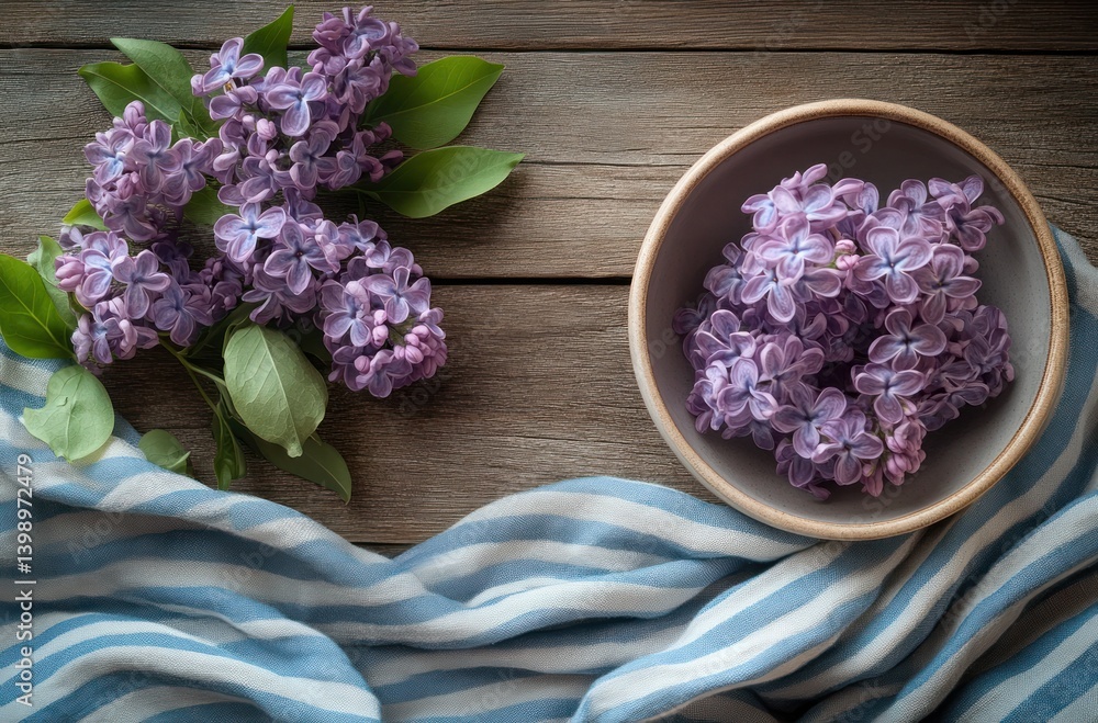 Minimalistic Still Life with Lilac Flowers and Striped Cloth on Rustic Wood Minimalistic Still Life with Lilac Flowers and Striped Cloth on Rustic Wood