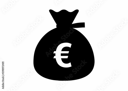 Monetary Treasure Trove: A stark and simple icon depicts a tied money bag, emblazoned with a prominent euro symbol, symbolizing wealth and financial security.