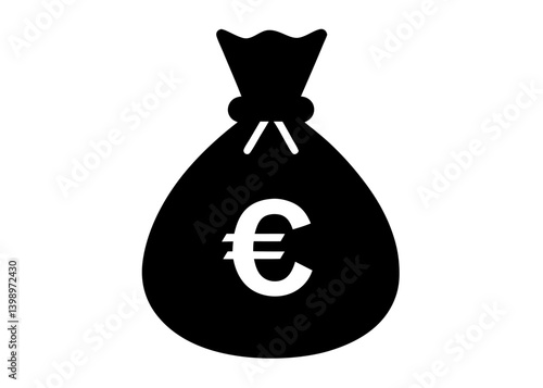 Money Bag with Euro Symbol: A simple, striking depiction of a money bag emblazoned with the Euro currency symbol, signifying wealth, finance, and economic concepts. 