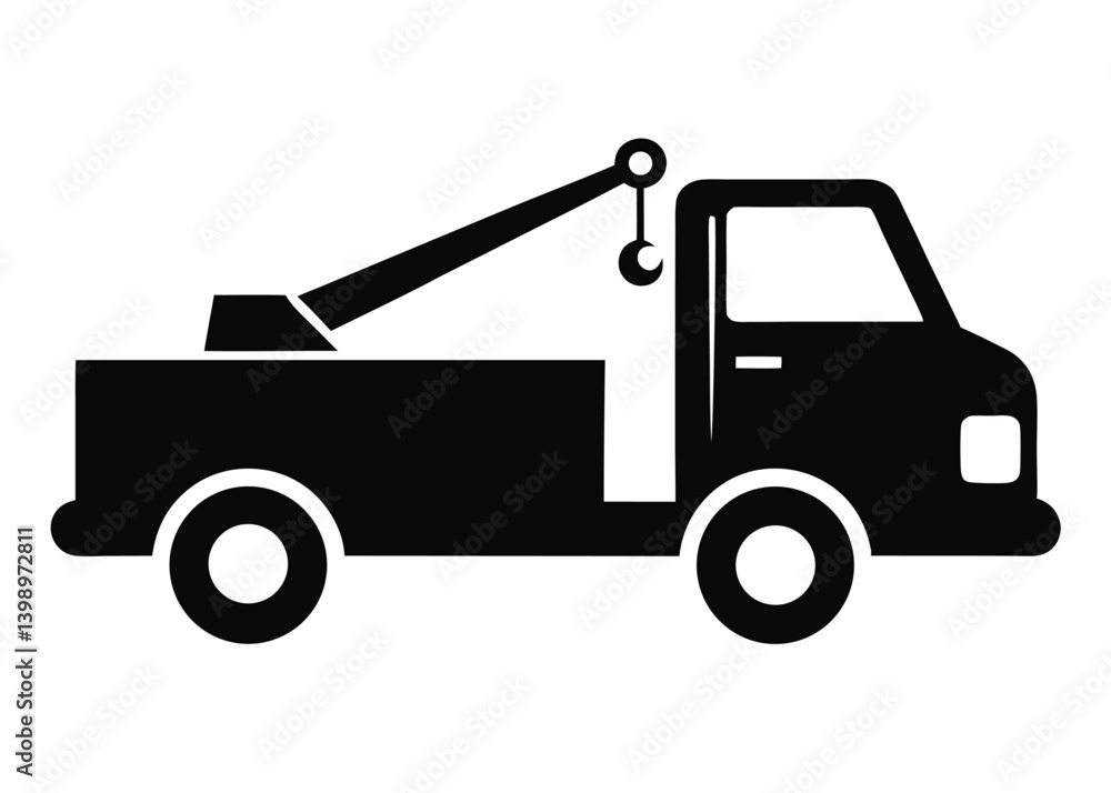 Naklejka premium Tow Truck Silhouette: A minimalist illustration depicts a tow truck in solid black, showcasing its essential design against a clean backdrop.