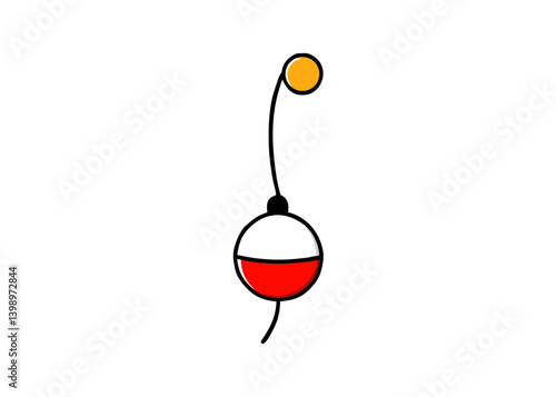Simple Fishing Bobber :A classic illustration of a fishing bobber, a vibrant red and white sphere attached to a line, with a yellow buoy on top and a simple curved line.