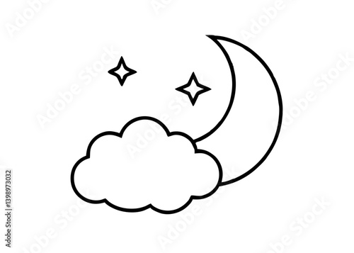 Nighttime Reverie: A minimalist illustration of the night sky, depicting a crescent moon, stars, and a fluffy cloud in a tranquil monochrome palette.