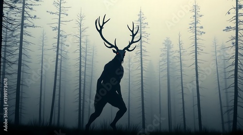 Wendigo creature with glowing red eyes standing in a foggy forest, dark fantasy horror scene with eerie trees and misty atmosphere