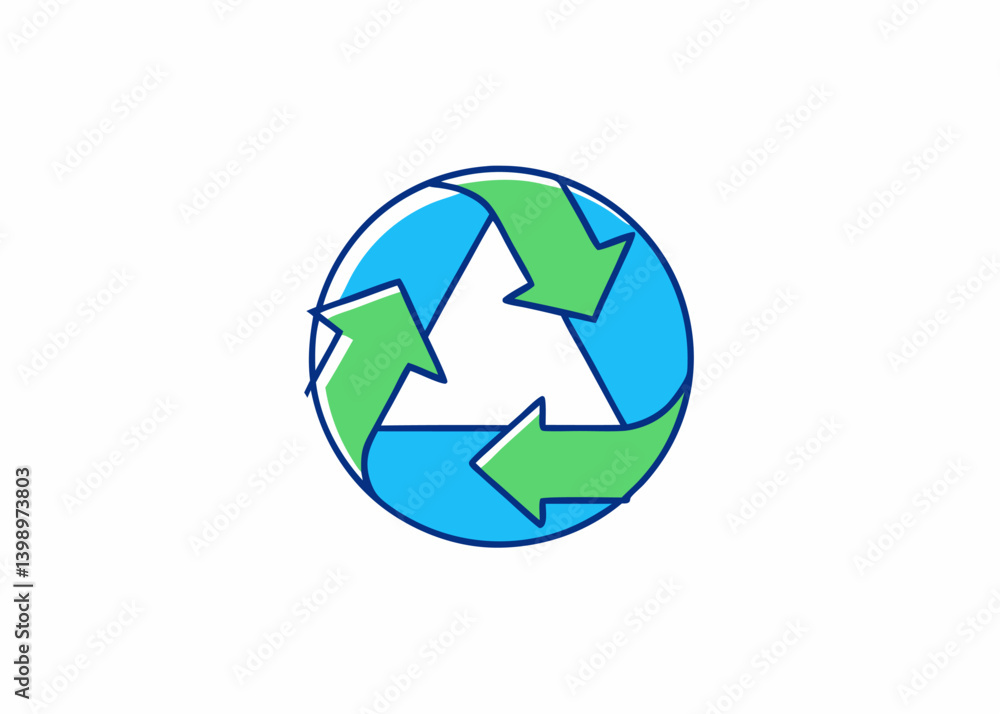 Recycle Icon: An abstract artistic representation of the universal recycle symbol, with three green arrows forming a triangle inside a blue circle, symbolizes environmental protection and recycling. Recycle Icon: An abstract artistic representation of the universal recycle symbol, with three green arrows forming a triangle inside a blue circle, symbolizes environmental protection and recycling.