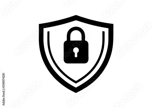 Security Shield Symbol: A bold, illustrative symbol of a shield, with a lock icon at the center. Emblem of security, digital protection, and safeguarding sensitive information.