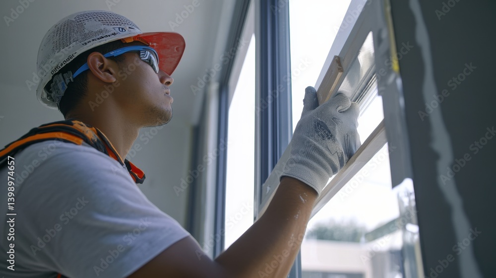A Hispanic construction worker sealing windows with caulking at a construction site. Featuring attention to detail and care
