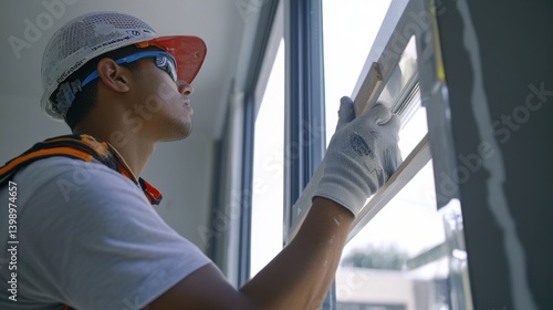 Obraz na płótnie A Hispanic construction worker sealing windows with caulking at a construction site. Featuring attention to detail and care w salonie