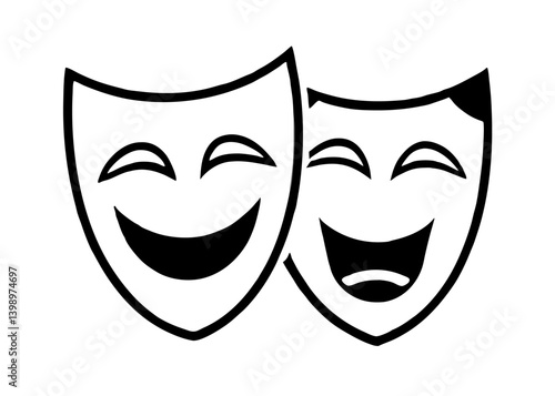 Symbol of theatrical duality: A monochrome depiction of two theatrical masks, a comedy mask and a tragedy mask, symbolizing the essence of drama, storytelling, and the contrasting emotions of life.