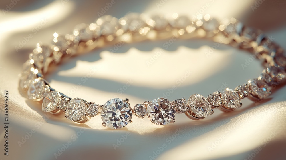 Elegant diamond bracelet resting gently on soft white silk cloth with delicate shadows Elegant diamond bracelet resting gently on soft white silk cloth with delicate shadows