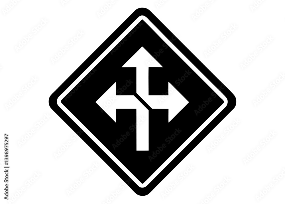 Directional Crossroads: A sharp black and white diamond-shaped road sign, featuring a unique symbol of a directional crossroads, warns travelers of an intersection ahead. Directional Crossroads: A sharp black and white diamond-shaped road sign, featuring a unique symbol of a directional crossroads, warns travelers of an intersection ahead.