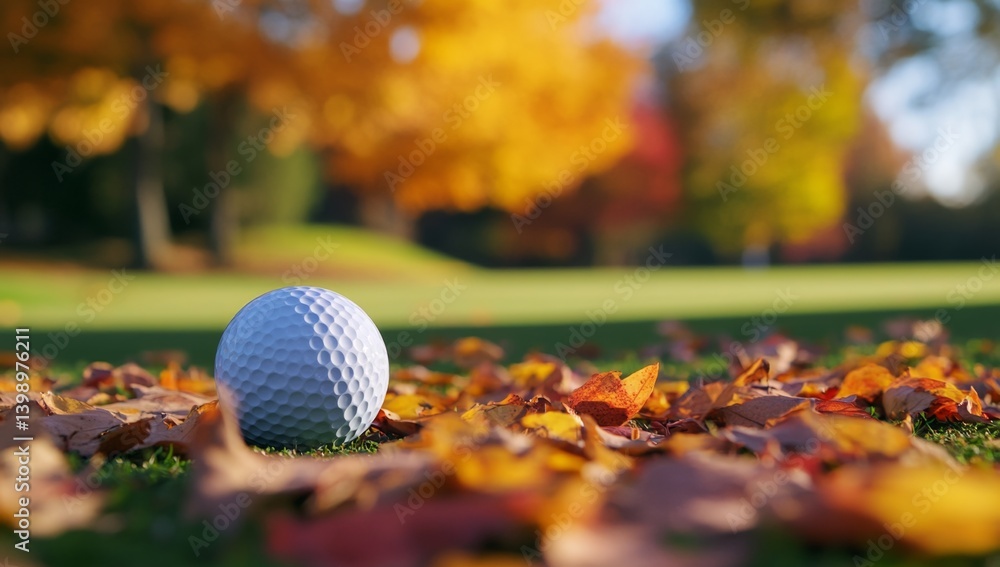 Fototapeta premium Golf ball resting on autumn leaves on a green golf course