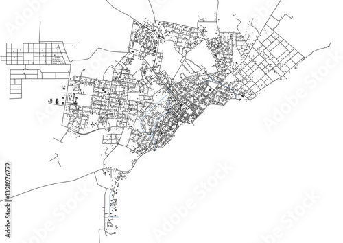 vector map of buildings, highway, waterway in corozal city, belize with black and white color