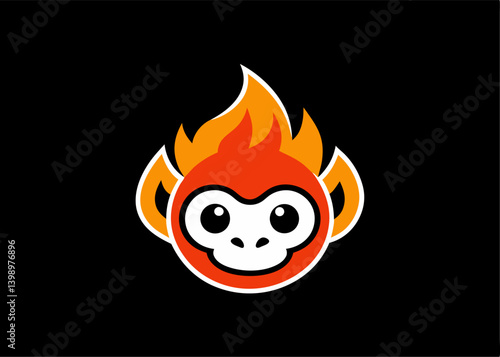 Fiery Monkey Mascot on Black: A spirited illustration of a monkey mascot, its head engulfed in vibrant flames, set against a stark black background, showcasing energy and personality.