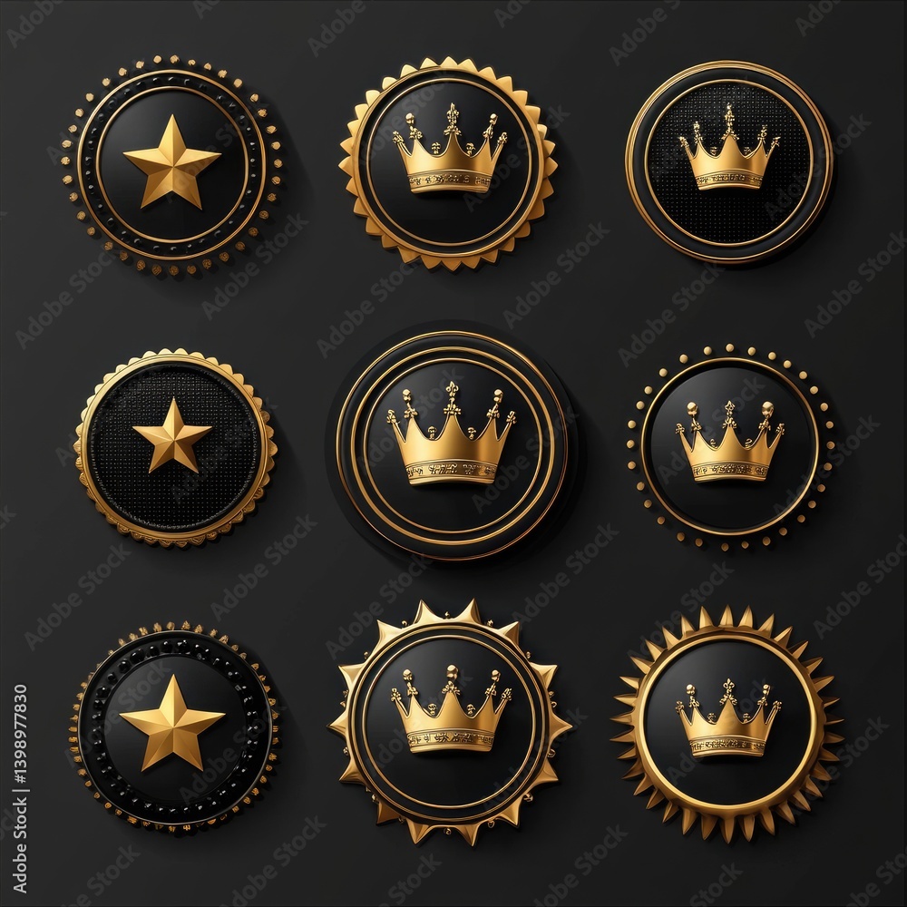 Premium black and gold badges with crown and star emblems