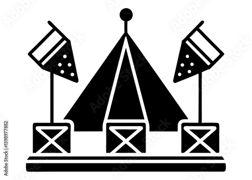 Stage Lighting Icon: A minimalist black and white icon design showcases a central tent structure, illuminated by flanking spotlights, capturing the essence of a live performance setting.