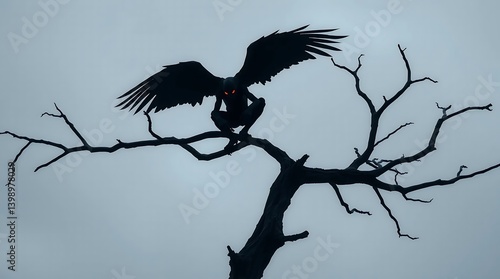 Mothman creature with glowing red eyes perched on a dead tree