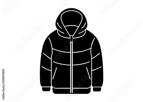 Puffer Jacket Silhouette: Clean black and white of a puffer jacket, a classic outerwear essential for warmth, showcasing its padded design with a hood and a front zipper. 