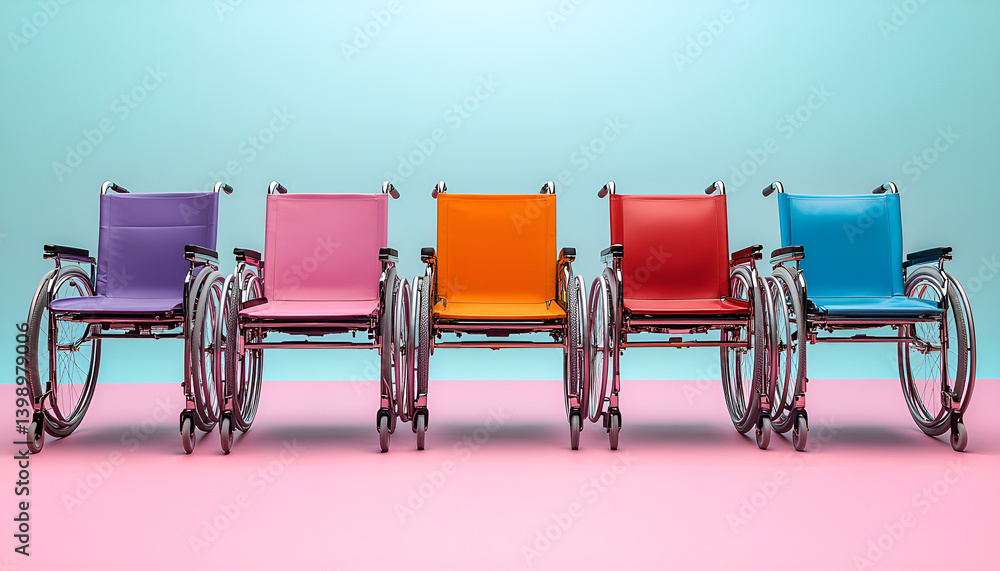 A row of colorful wheelchairs are lined up against a blue wall. The chairs are of different colors, including pink, yellow, and orange. Concept of inclusivity and diversity