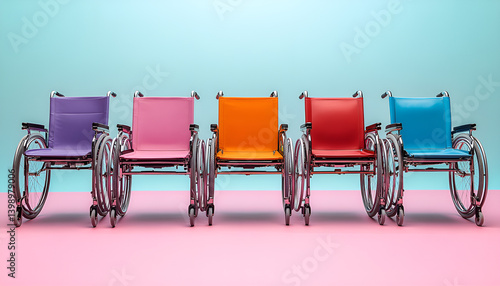 Obraz na płótnie A row of colorful wheelchairs are lined up against a blue wall. The chairs are of different colors, including pink, yellow, and orange. Concept of inclusivity and diversity w salonie