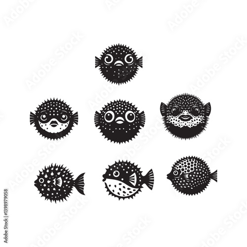 set of puffer fish simple silhouettes