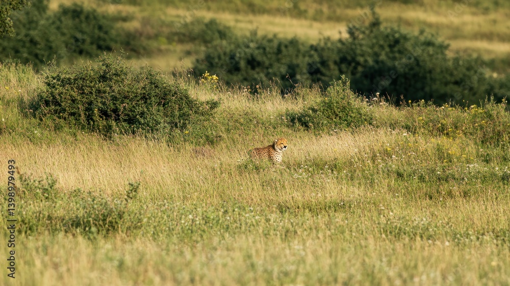 Fototapeta premium A spotted cheetah is standing in tall grassy savanna