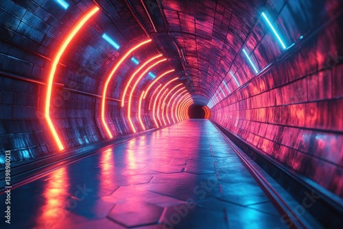 Futuristic Neon Tunnel Cyberpunk Style Glowing Hexagonal Shapes Dynamic Lighting Abstract Background
