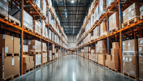 Large warehouse filled with stock.  Pallet-loaded boxes on high shelves.  Spacious interior