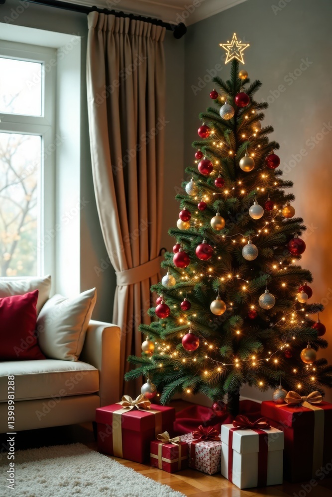 Christmas tree in living room with ornaments, lights and garlands, holiday, christmas tree Christmas tree in living room with ornaments, lights and garlands, holiday, christmas tree